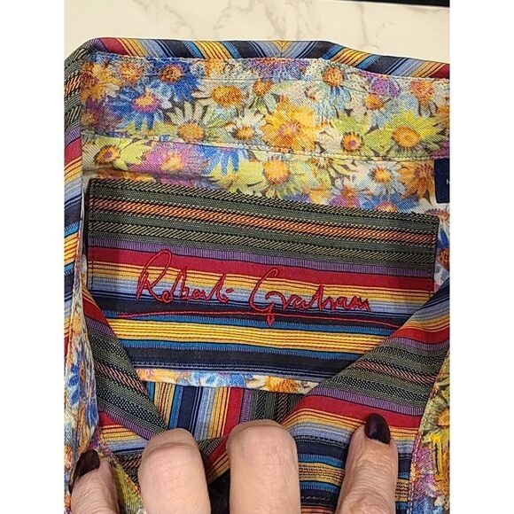 Robert Graham Mens Flip Cuff Shirt Green Red Blue Stripe DAISY Reverse Print | L - Picture 2 of 13